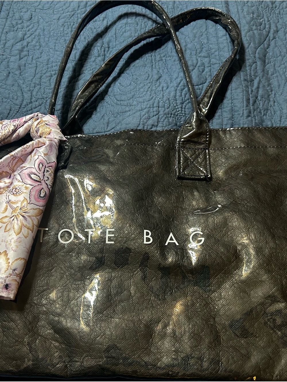 Black Patent Tote Bag with Decorative Scarf
